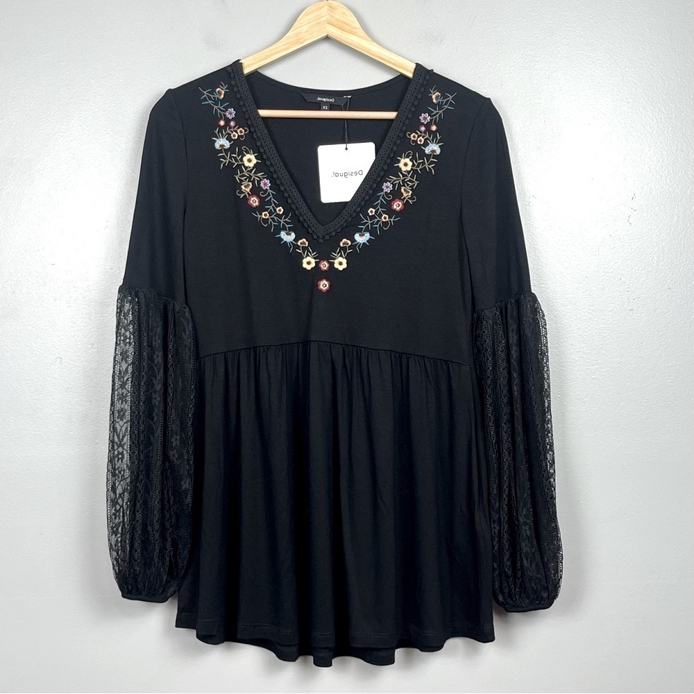 NWT Desigual black Vermont lace balloon sleeve embroidered blouse, XS.